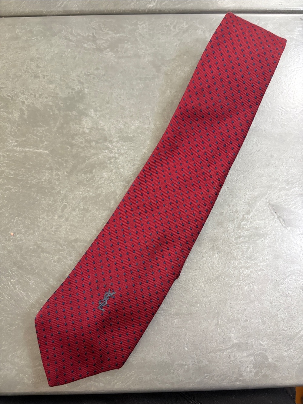 Yves Saint Laurent Red Tie with Navy Microdot Pattern